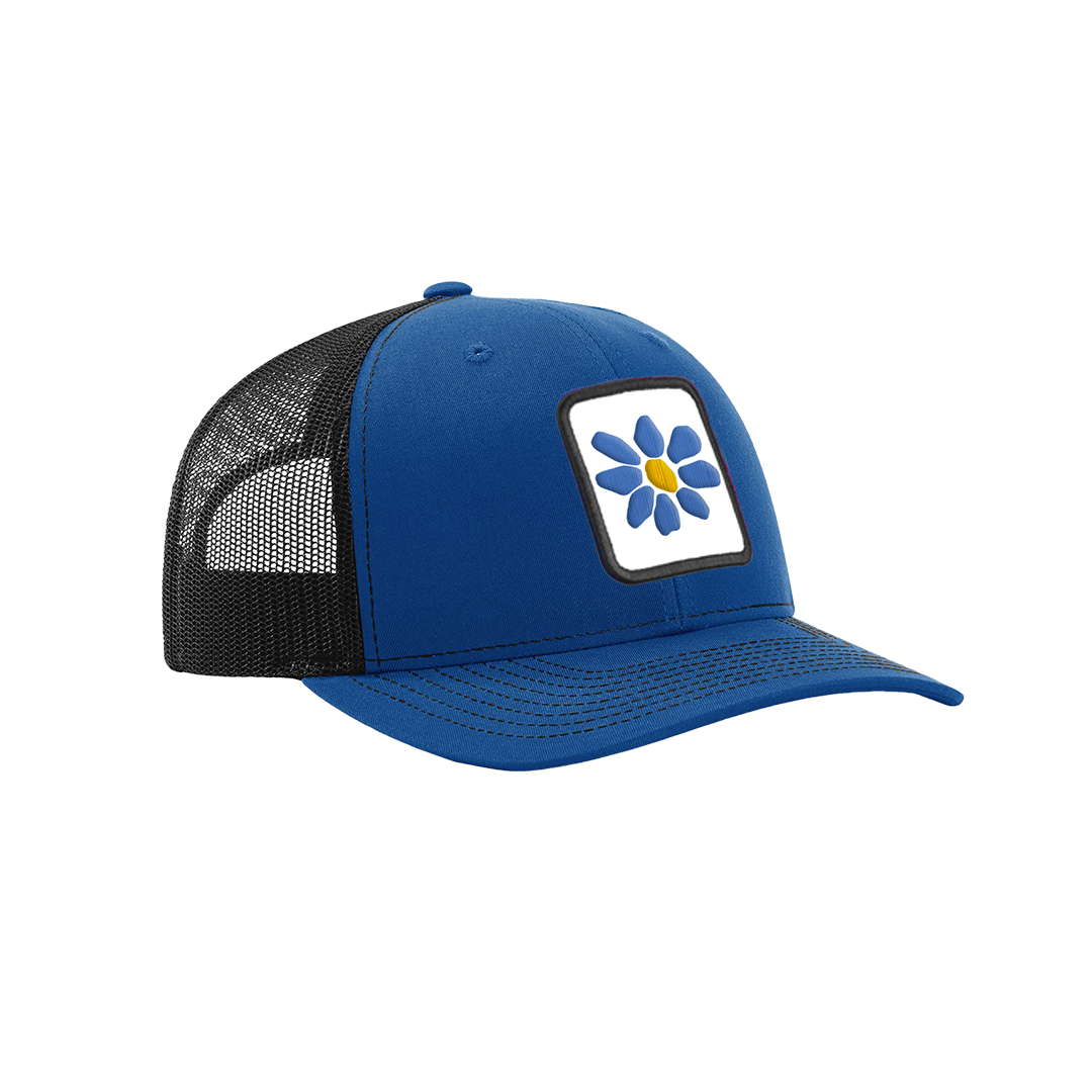 Blue cap with a flower logo on a white background