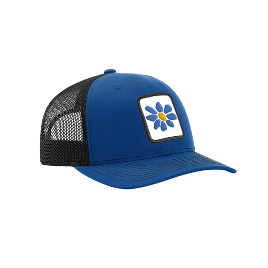 Blue cap with a flower logo on a white background
