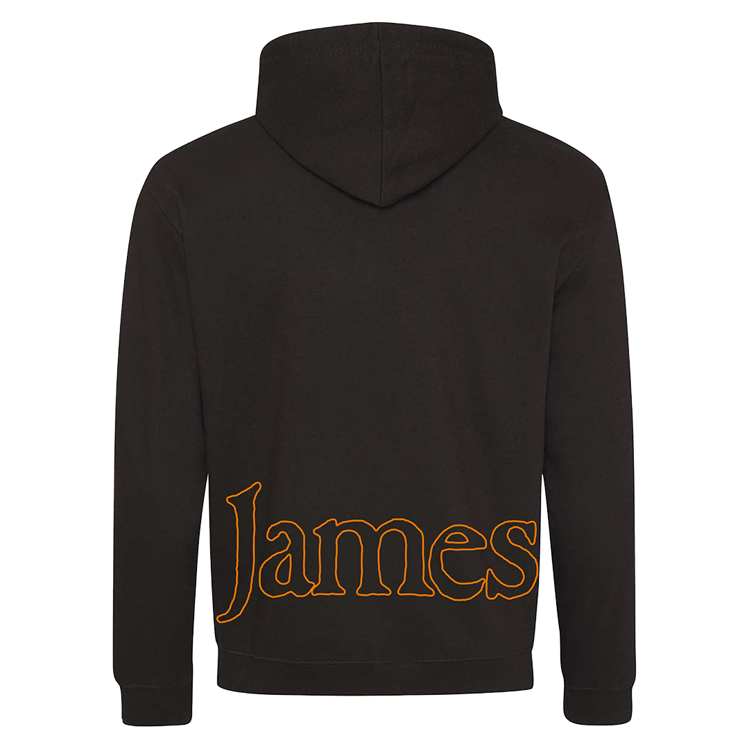 Black hoodie with 'James' embroidered on the back against a white background