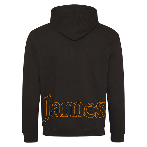 Black hoodie with 'James' embroidered on the back against a white background