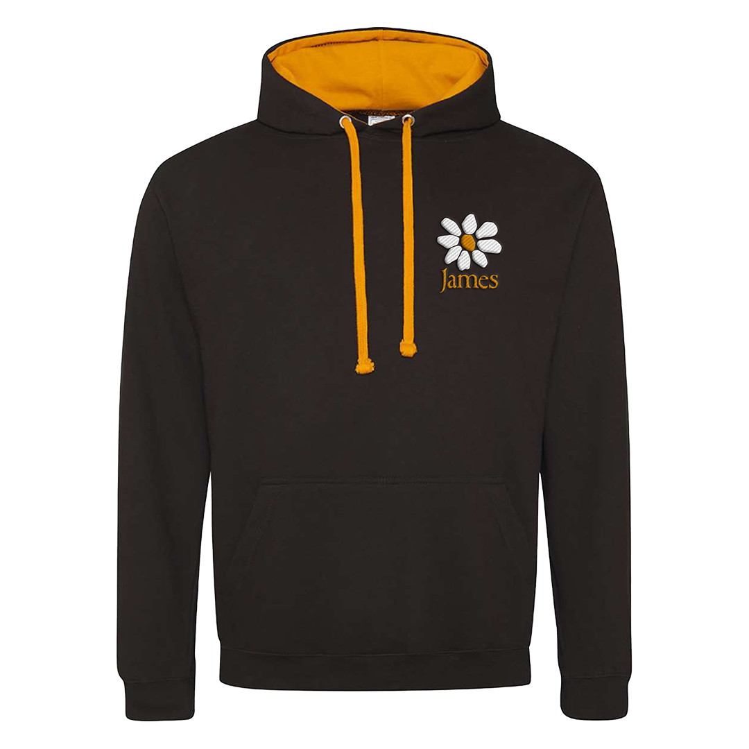 Black hoodie with yellow drawstrings and a white flower logo on a white background