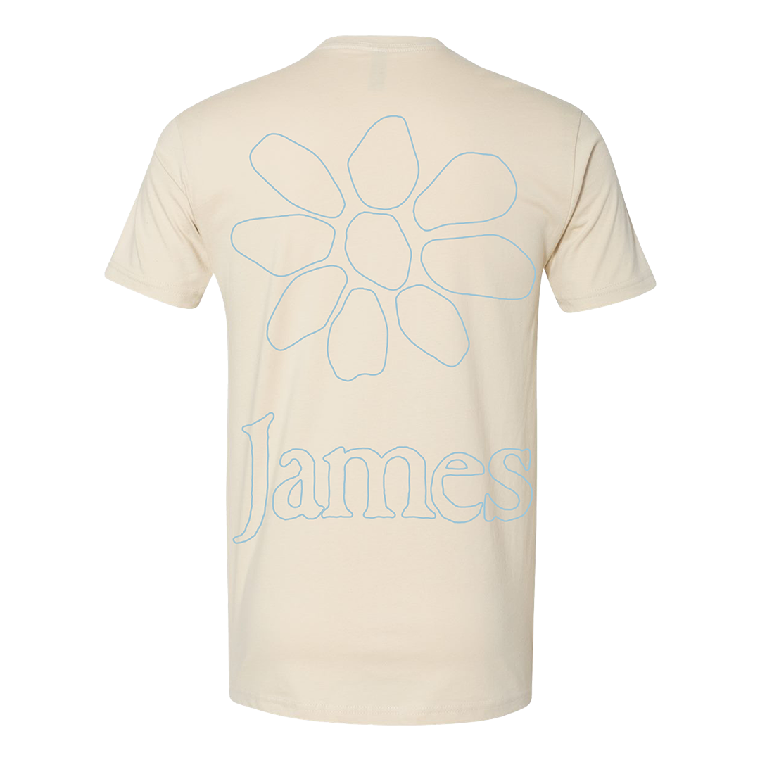 Beige t-shirt with a flower design and 'James' text on a white background