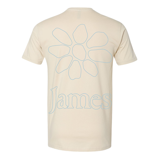 Beige t-shirt with a flower design and 'James' text on a white background