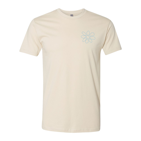 Beige t-shirt with a blue flower design on a white background