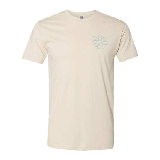 Beige t-shirt with a blue flower design on a white background
