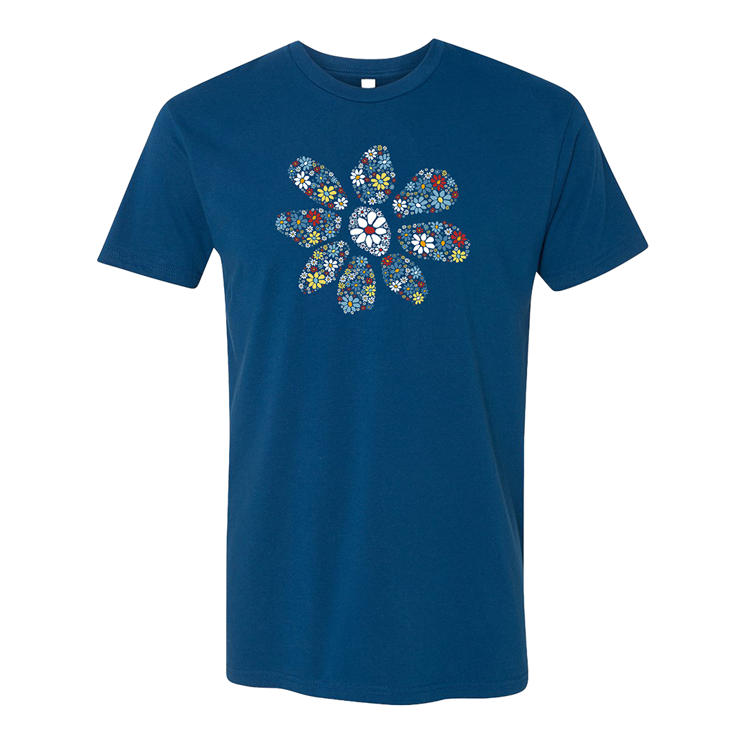 Blue t-shirt with a colorful floral design on a white background