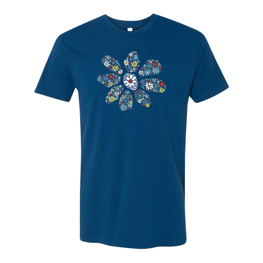 Blue t-shirt with a colorful floral design on a white background