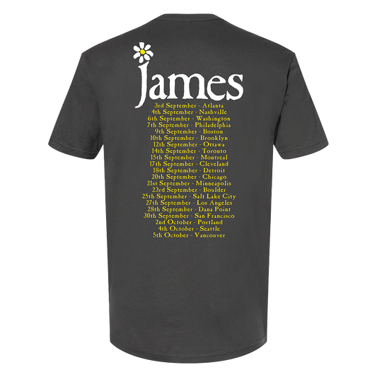 Black t-shirt with 'James' and a list of cities printed on the back