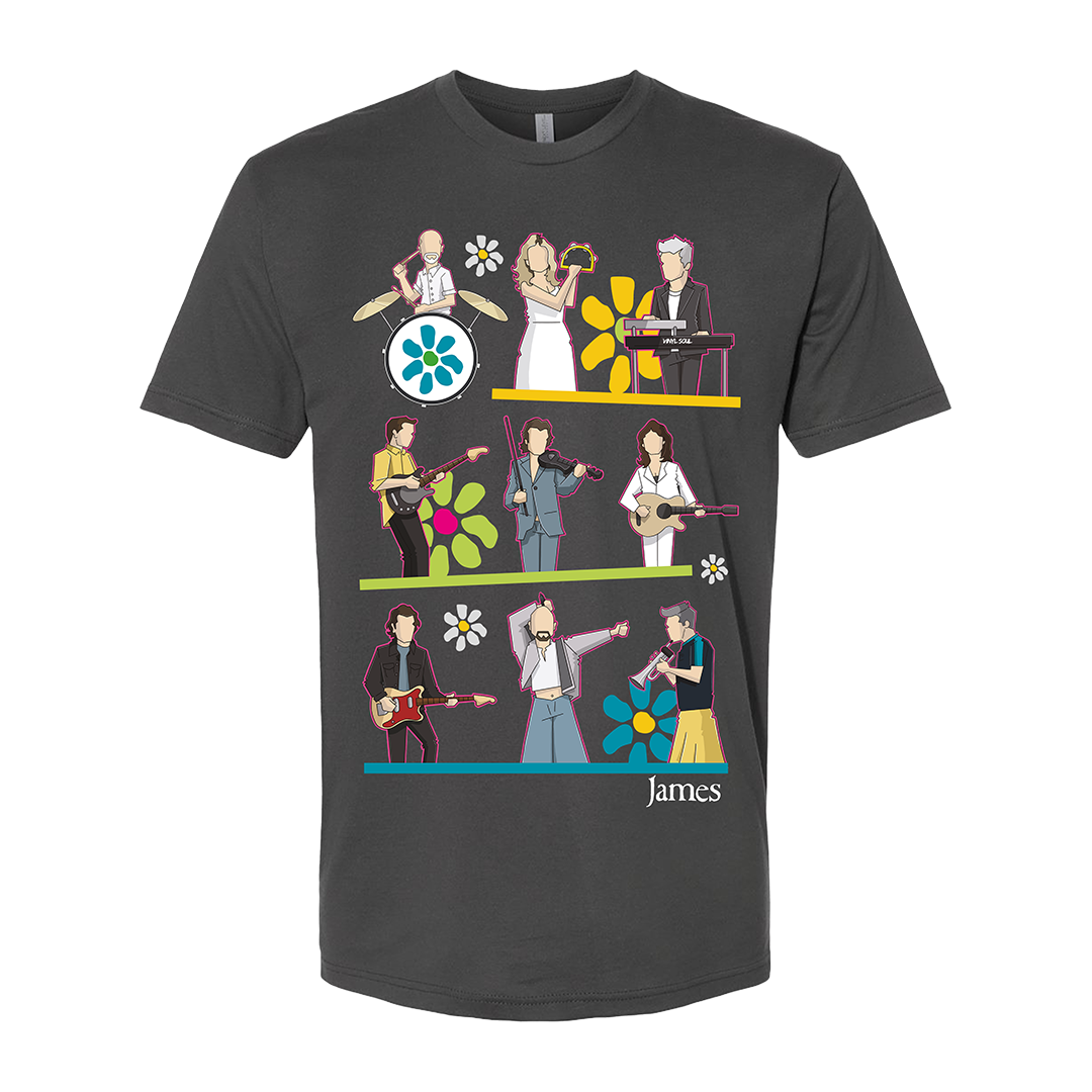 Black t-shirt with colorful graphic design featuring people playing instruments and singing, with 'James' branding.