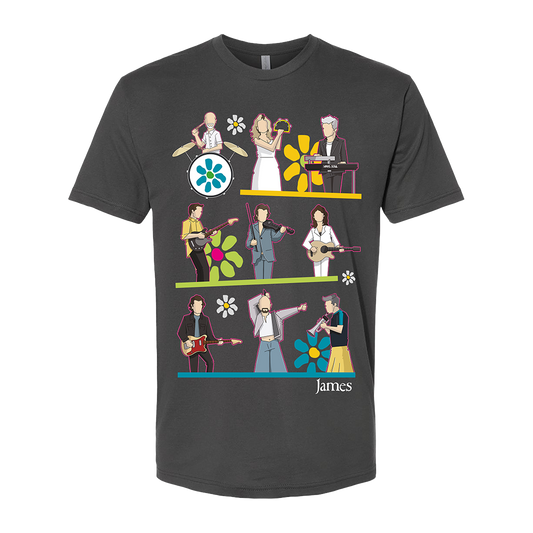 Black t-shirt with colorful graphic design featuring people playing instruments and singing, with 'James' branding.