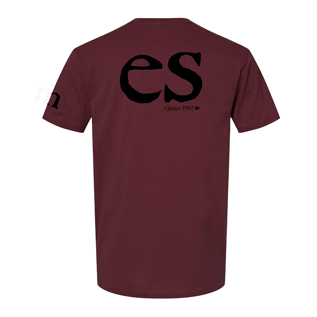 Maroon t-shirt with black logo on the back against a white background