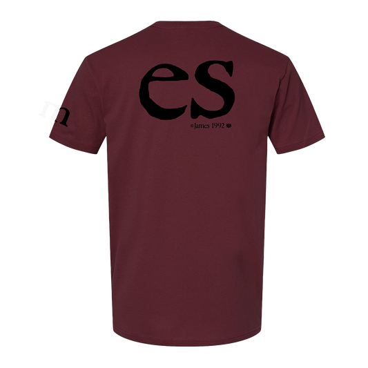Maroon t-shirt with black logo on the back against a white background