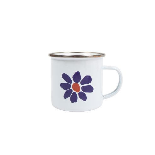 White mug with a purple flower design on a white background