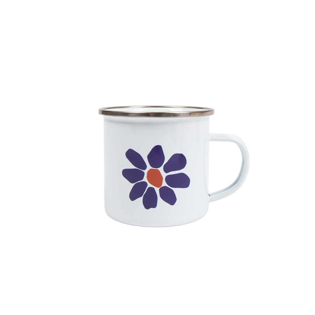 White mug with a purple flower design on a white background