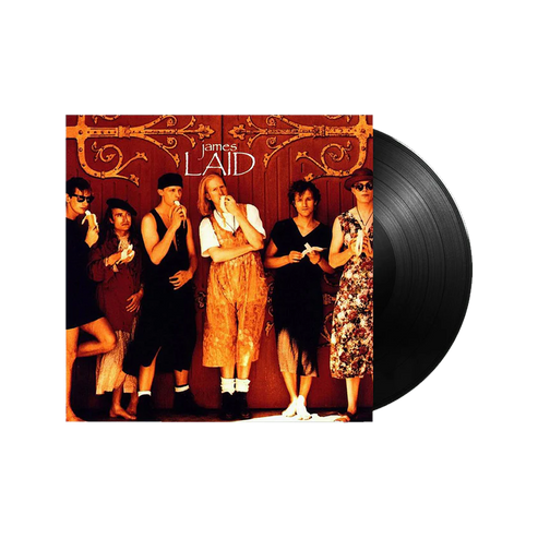Vinyl record with a cover featuring a group of people and the title 'Laid' by James.