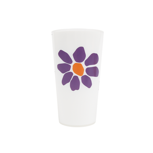 White tumbler with a purple flower design on a white background
